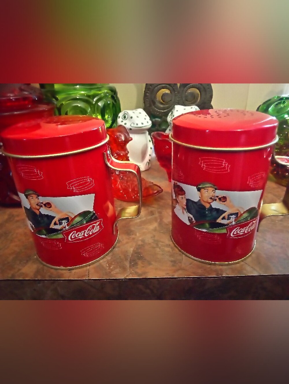 Vintage Coca-Cola Red & Gold Retro Tin Canister Salt And Pepper Shakers.